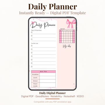 Pink bow undated digital daily planner PDF template shown on an iPad with a soft pink and floral design, featuring a top 3 priorities section, to-do list, monthly mini calendar, meal plan tracker for breakfast lunch dinner and water intake, and a notes section — compatible with GoodNotes, Notability, Noteshelf, XODO, Samsung Notes, and Kindle Scribe