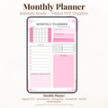 Undated digital monthly planner PDF template shown on an iPad with a feminine pink bow border design, featuring a monthly mini calendar, personal work study and health wellness goals section, month income expenses and saving goal fields, to do list with checkboxes, reminders and important dates section, and a my notes area — compatible with GoodNotes, Notability, Noteshelf, XODO, Samsung Notes, and Kindle Scribe.