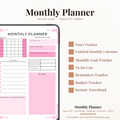 Undated digital monthly planner PDF template shown on an iPad with a feminine pink bow border design, featuring a monthly mini calendar, personal work study and health wellness goals section, month income expenses and saving goal fields, to do list with checkboxes, reminders and important dates section, and a my notes area — compatible with GoodNotes, Notability, Noteshelf, XODO, Samsung Notes, and Kindle Scribe.