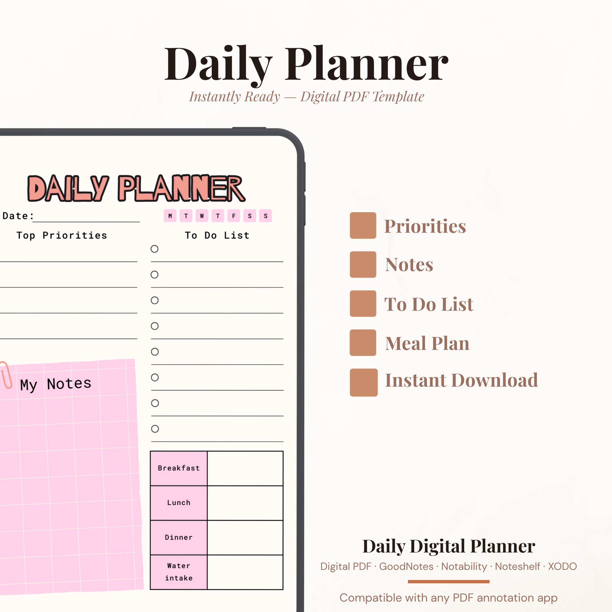 Pink Digital Daily Planner PDF for iPad - Priorities To Do List Meal Plan Water Intake GoodNotes Instant Download