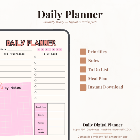 Pink Digital Daily Planner PDF for iPad - Priorities To Do List Meal Plan Water Intake GoodNotes Instant Download