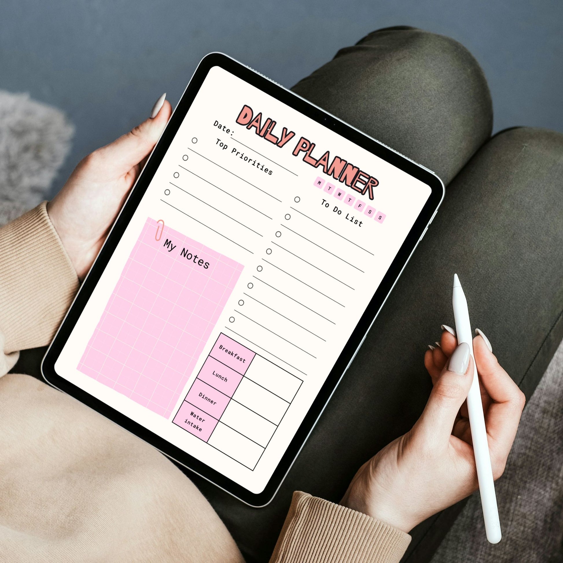 Pink Digital Daily Planner PDF for iPad - Priorities To Do List Meal Plan Water Intake GoodNotes Instant Download
