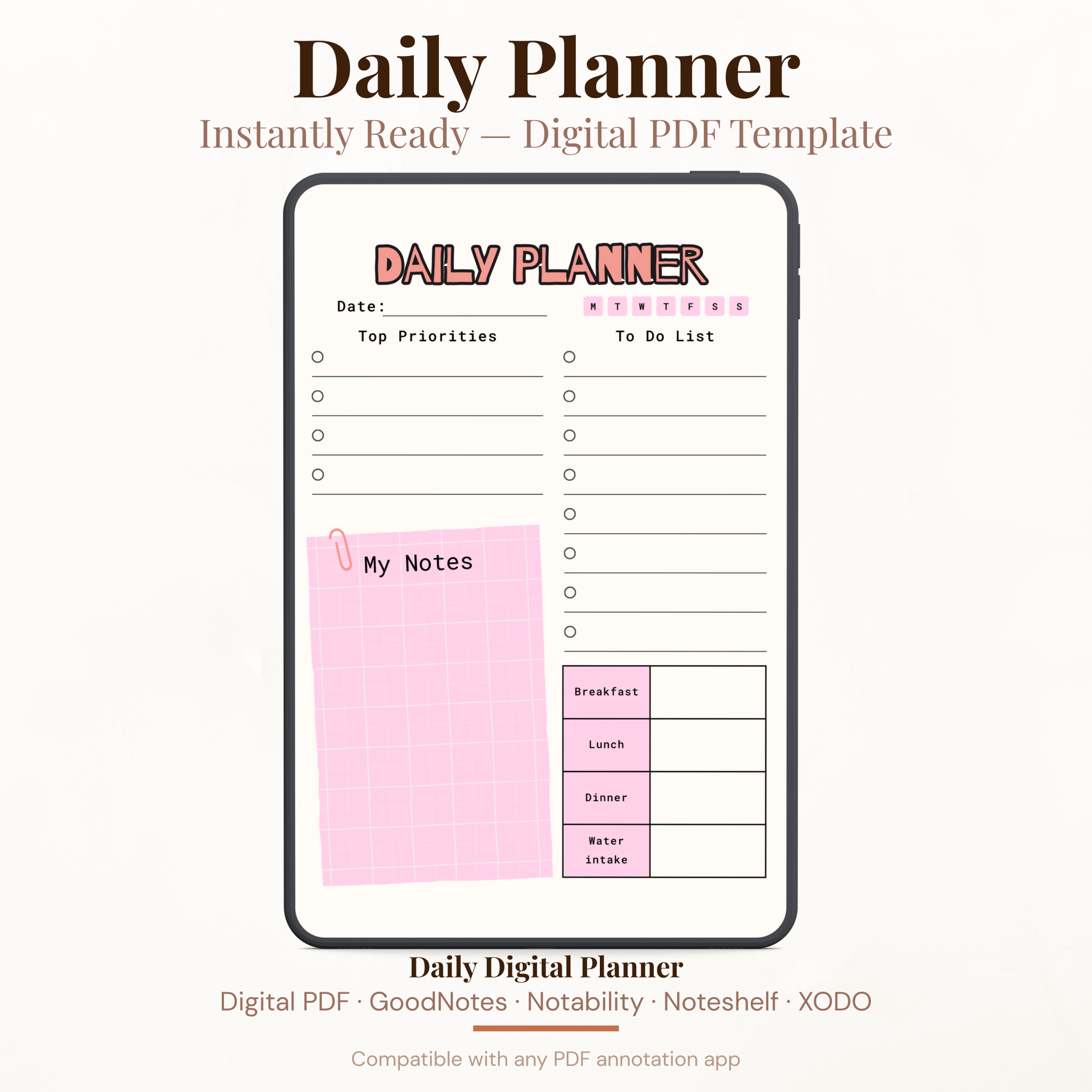 Pink Digital Daily Planner PDF for iPad - Priorities To Do List Meal Plan Water Intake GoodNotes Instant Download