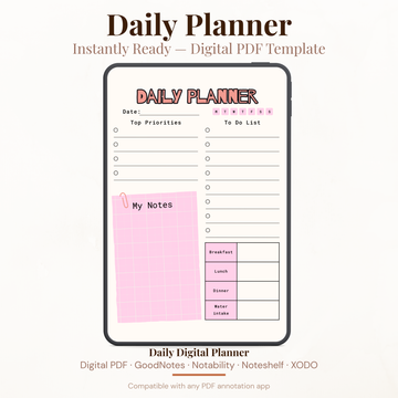 Pink Digital Daily Planner PDF for iPad - Priorities To Do List Meal Plan Water Intake GoodNotes Instant Download