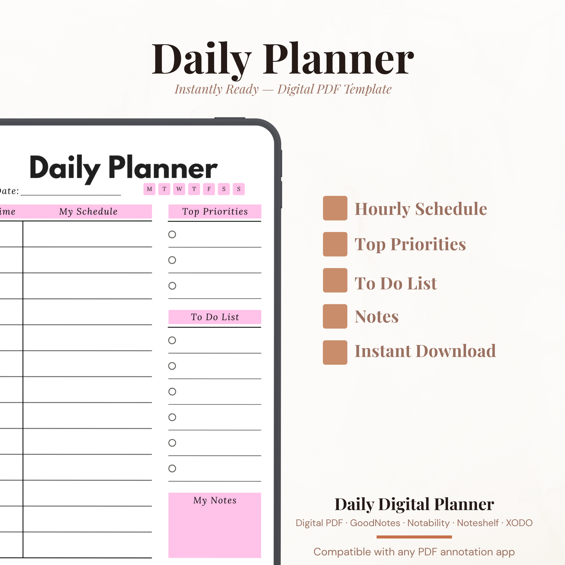 Pink Schedule Digital Daily Planner PDF for iPad - Schedule Top Priorities To Do List GoodNotes Instant Download