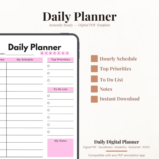 Pink Schedule Digital Daily Planner PDF for iPad - Schedule Top Priorities To Do List GoodNotes Instant Download