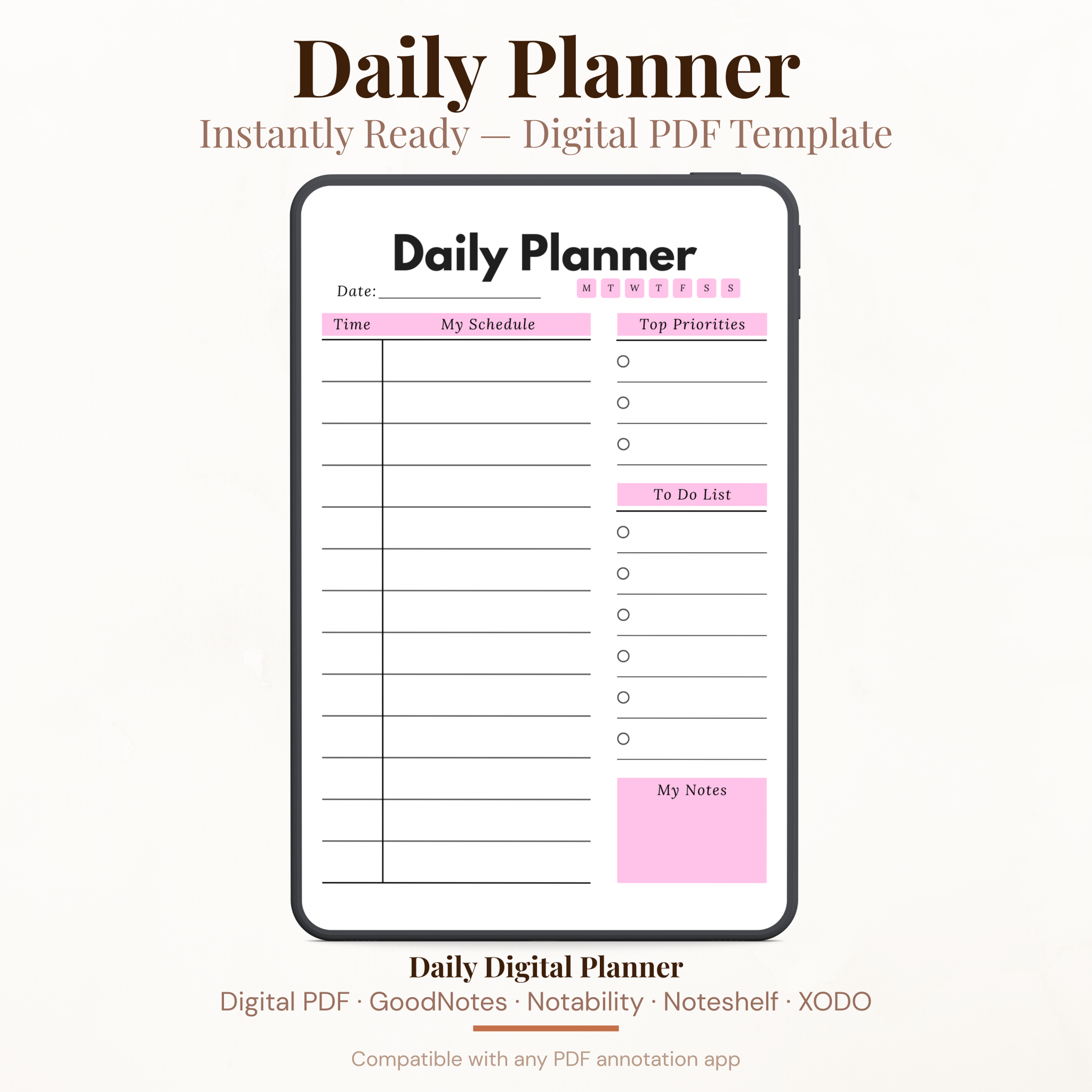 Pink Schedule Digital Daily Planner PDF for iPad - Schedule Top Priorities To Do List GoodNotes Instant Download