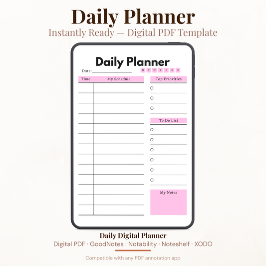 Pink Schedule Digital Daily Planner PDF for iPad - Schedule Top Priorities To Do List GoodNotes Instant Download