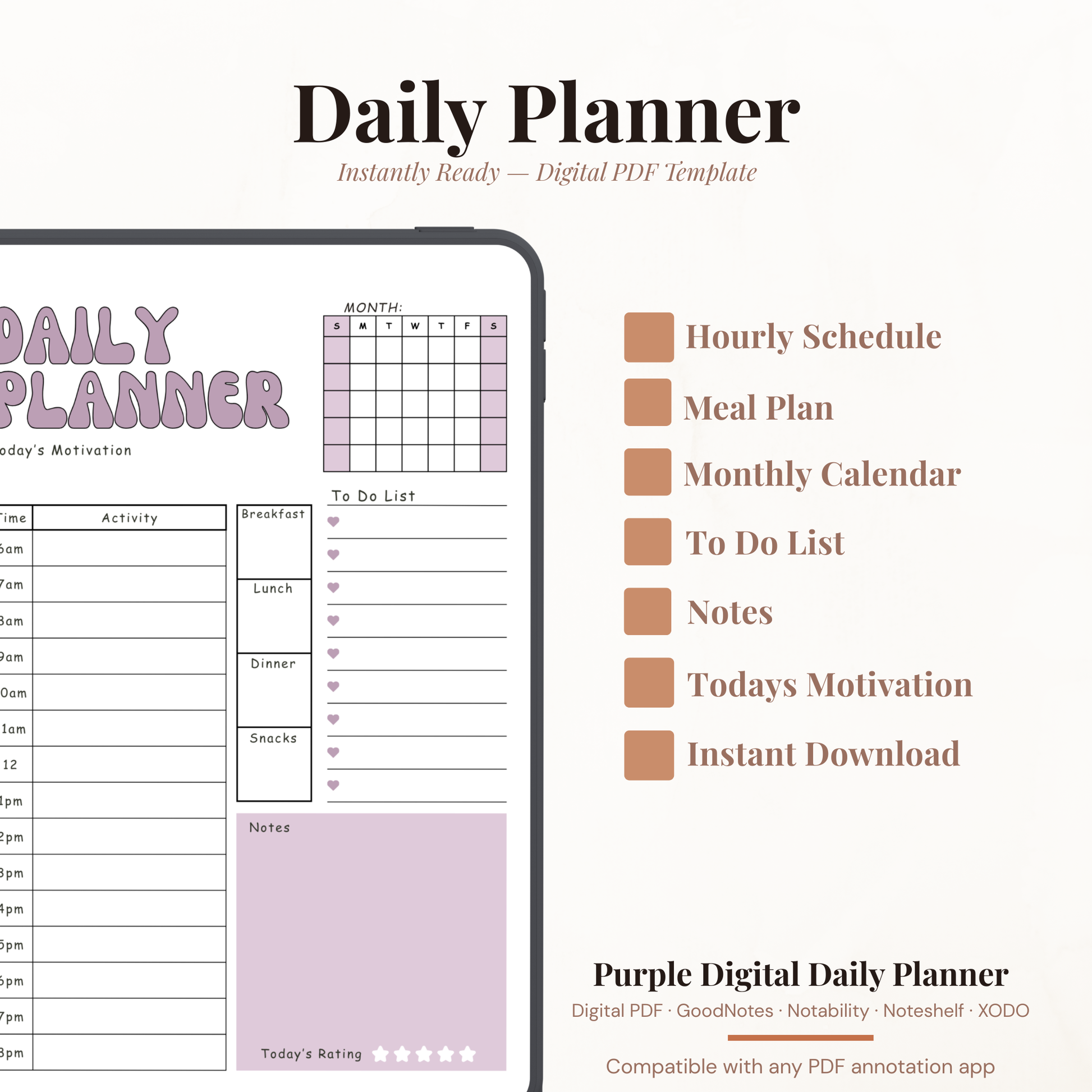 Purple Digital Daily Planner PDF for iPad - Hourly Schedule Meal Plan Monthly Calendar GoodNotes Instant Download