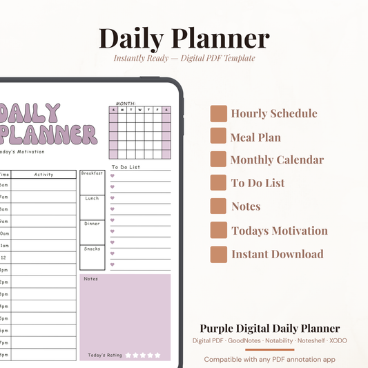 Purple Digital Daily Planner PDF for iPad - Hourly Schedule Meal Plan Monthly Calendar GoodNotes Instant Download