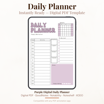 Purple Digital Daily Planner PDF for iPad - Hourly Schedule Meal Plan Monthly Calendar GoodNotes Instant Download