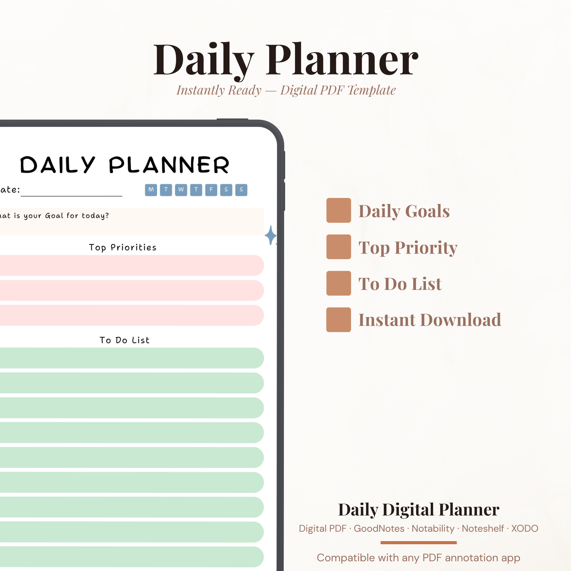 Simple Digital Daily Planner PDF for iPad - Daily Goal Top Priorities To Do List GoodNotes Instant Download