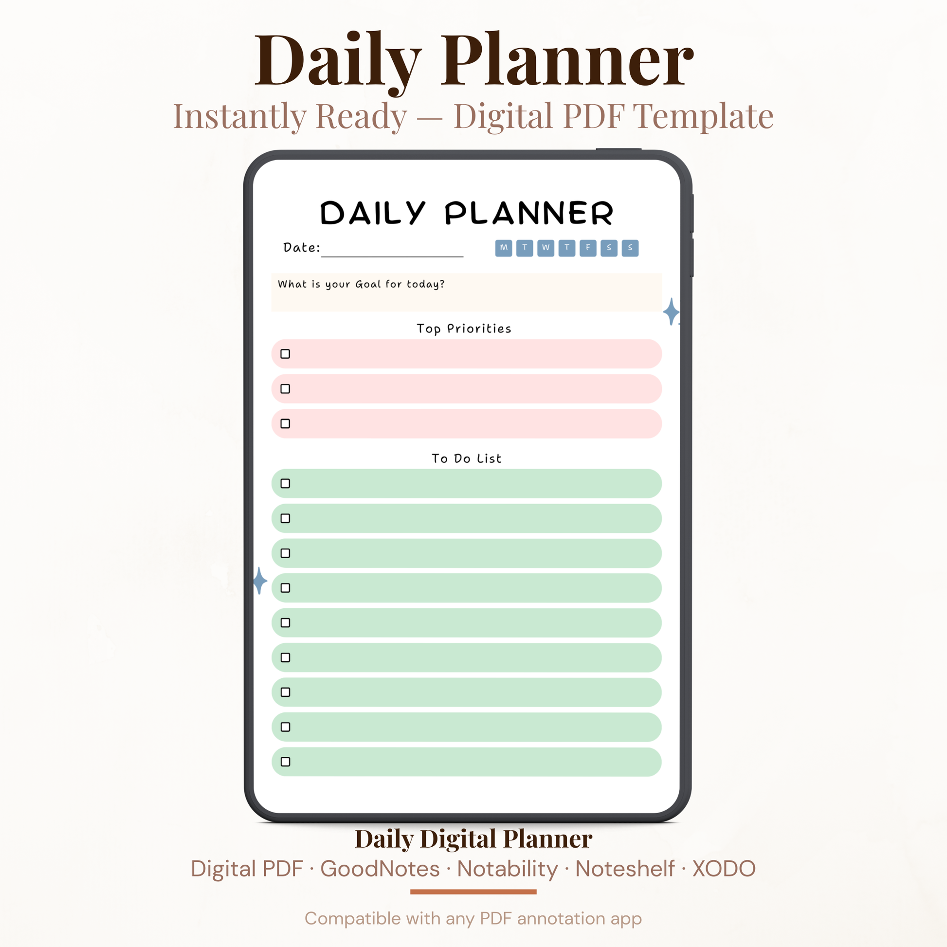 Simple Digital Daily Planner PDF for iPad - Daily Goal Top Priorities To Do List GoodNotes Instant Download