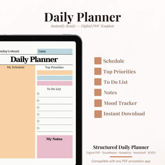 Structured Digital Daily Planner PDF for iPad - Schedule Priorities Mood Tracker GoodNotes Instant Download