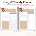 Undated digital teddy bear daily and weekly planner PDF bundle shown side by side on two iPads with a warm cozy design in brown tan and beige tones featuring an illustrated teddy bear accent, the daily planner featuring a day of week tracker, date field, today's goal section, to do list with checkboxes, time and activity hourly schedule from 6AM to 8PM and a notes section, and the weekly planner featuring this week's goal section, to do list with checkboxes, Monday through Sunday weekly schedule columns.
