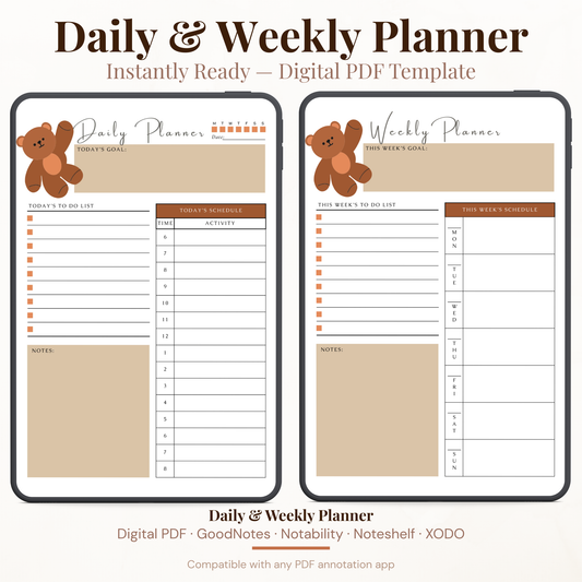Undated digital teddy bear daily and weekly planner PDF bundle shown side by side on two iPads with a warm cozy design in brown tan and beige tones featuring an illustrated teddy bear accent, the daily planner featuring a day of week tracker, date field, today's goal section, to do list with checkboxes, time and activity hourly schedule from 6AM to 8PM and a notes section, and the weekly planner featuring this week's goal section, to do list with checkboxes, Monday through Sunday weekly schedule columns.