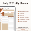 Undated digital teddy bear daily and weekly planner PDF bundle shown side by side on two iPads with a warm cozy design in brown tan and beige tones featuring an illustrated teddy bear accent, the daily planner featuring a day of week tracker, date field, today's goal section, to do list with checkboxes, time and activity hourly schedule from 6AM to 8PM and a notes section, and the weekly planner featuring this week's goal section, to do list with checkboxes, Monday through Sunday weekly schedule columns.