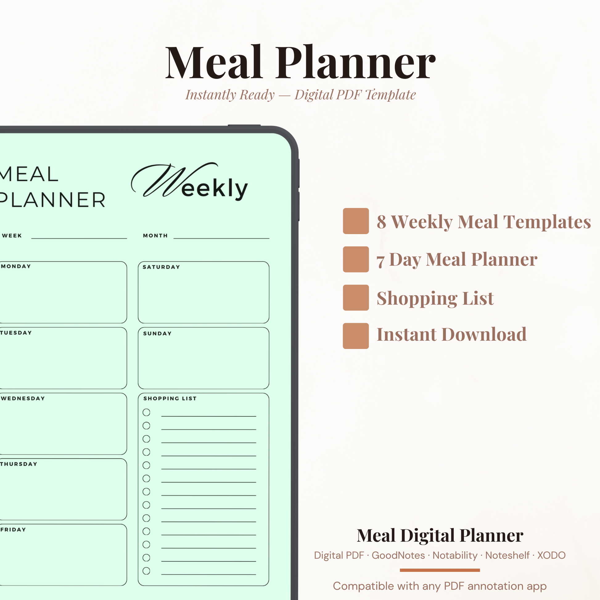 Digital Weekly Meal Planner PDF for iPad - 7 Color Variations Monday Sunday Meal Plan Shopping List GoodNotes Instant Download
