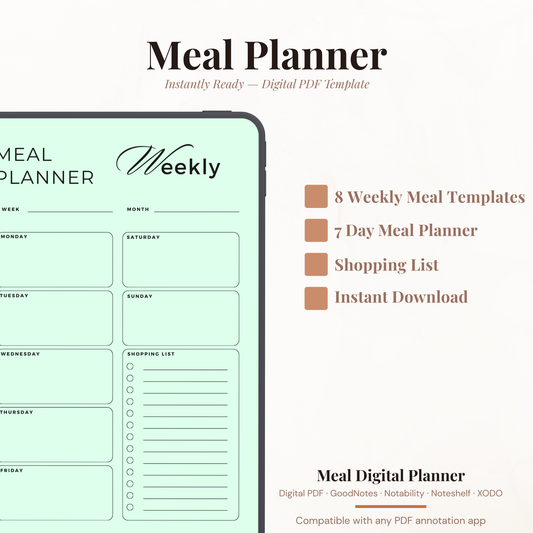 Digital Weekly Meal Planner PDF for iPad - 7 Color Variations Monday Sunday Meal Plan Shopping List GoodNotes Instant Download