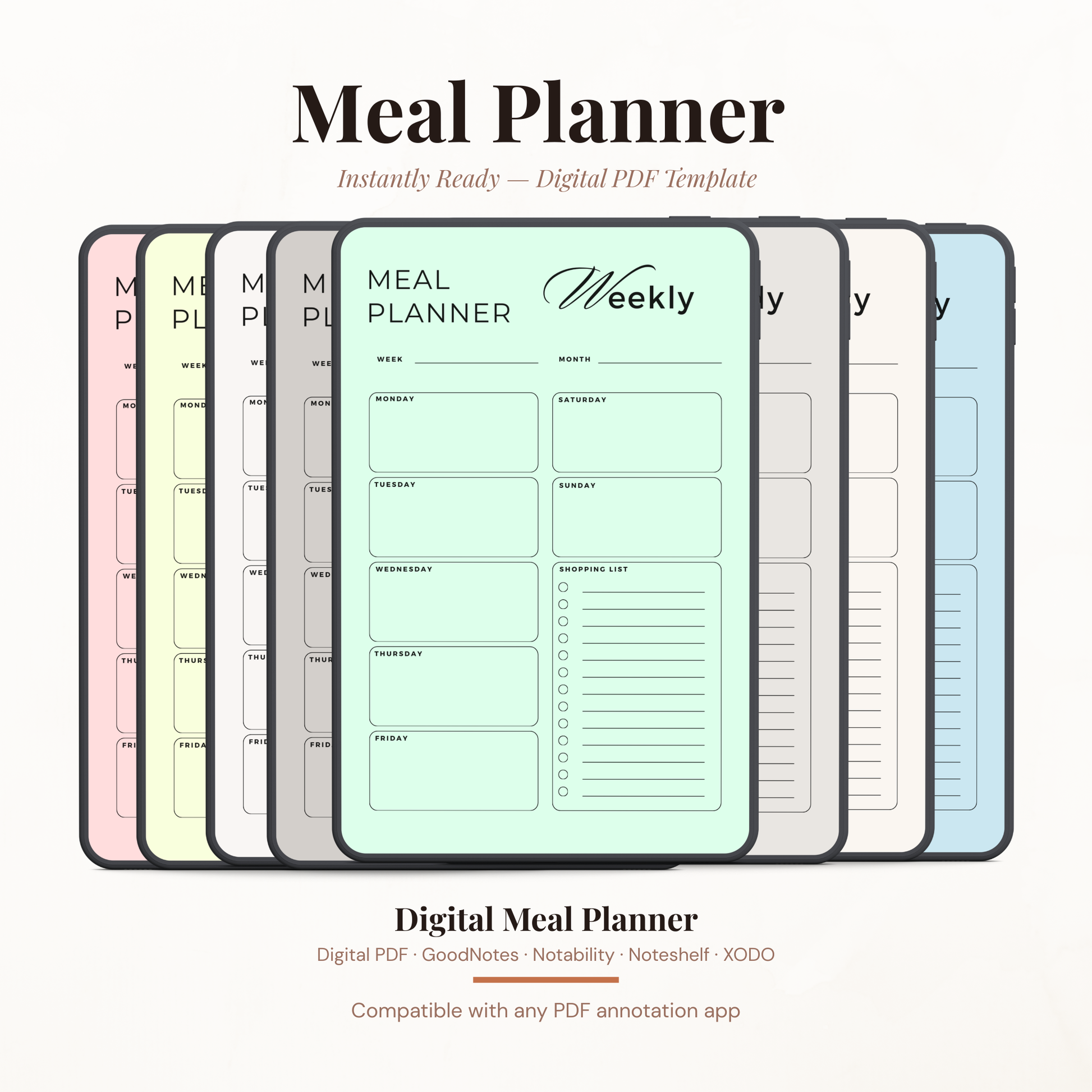 Digital Weekly Meal Planner PDF for iPad - 7 Color Variations Monday Sunday Meal Plan Shopping List GoodNotes Instant Download
