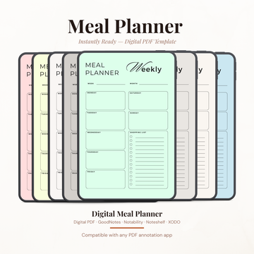 Digital Weekly Meal Planner PDF for iPad - 7 Color Variations Monday Sunday Meal Plan Shopping List GoodNotes Instant Download