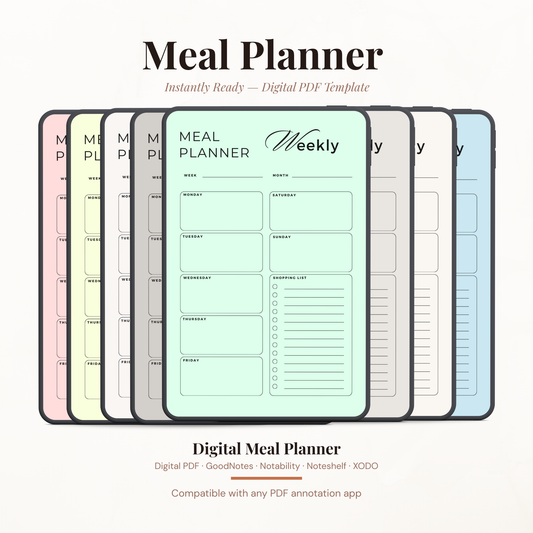 Digital Weekly Meal Planner PDF for iPad - 7 Color Variations Monday Sunday Meal Plan Shopping List GoodNotes Instant Download
