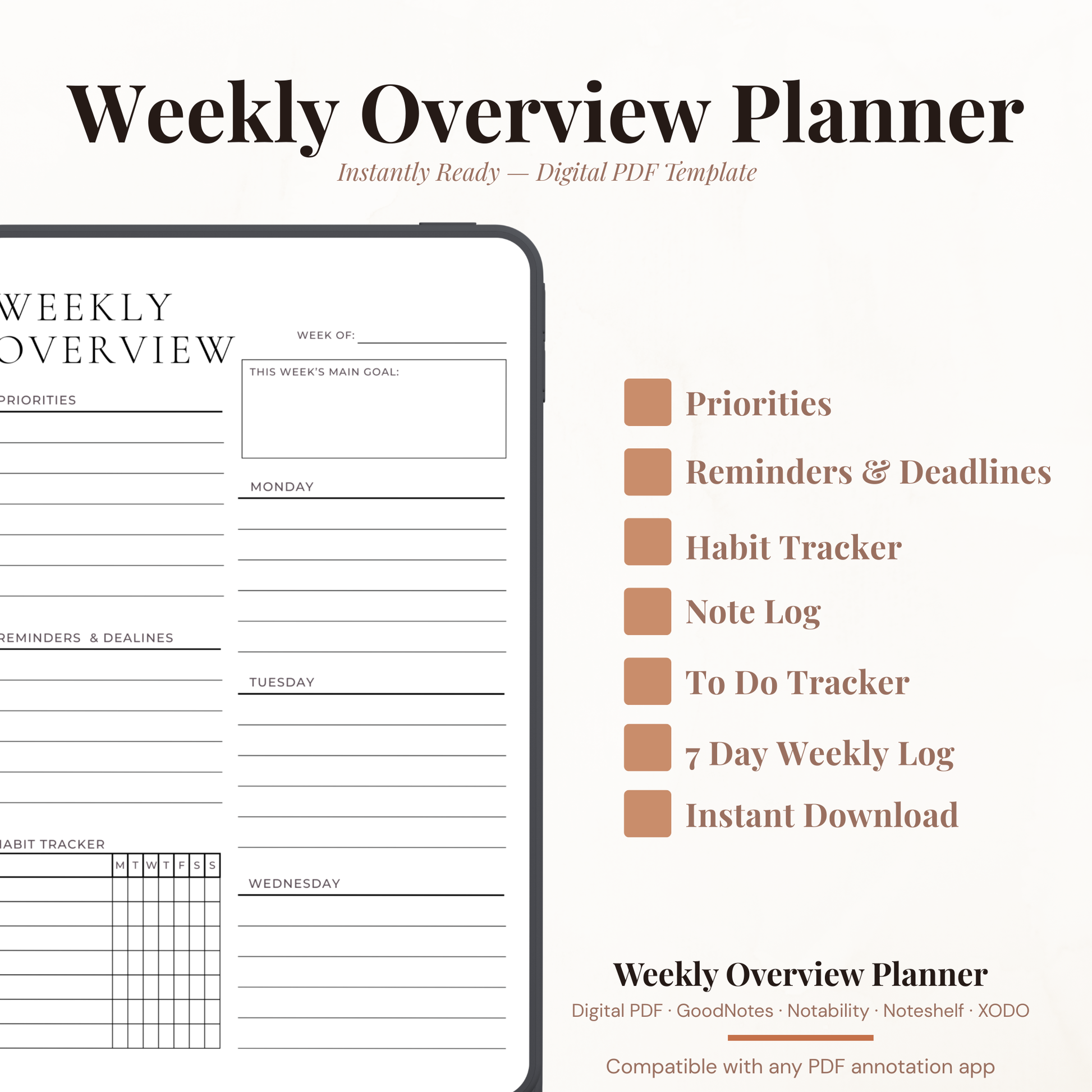 Digital Weekly Overview Planner PDF for iPad - Priorities Weekly Goal Reminders Deadlines Habit Tracker GoodNotes Instant Download