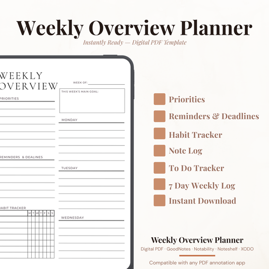 Digital Weekly Overview Planner PDF for iPad - Priorities Weekly Goal Reminders Deadlines Habit Tracker GoodNotes Instant Download