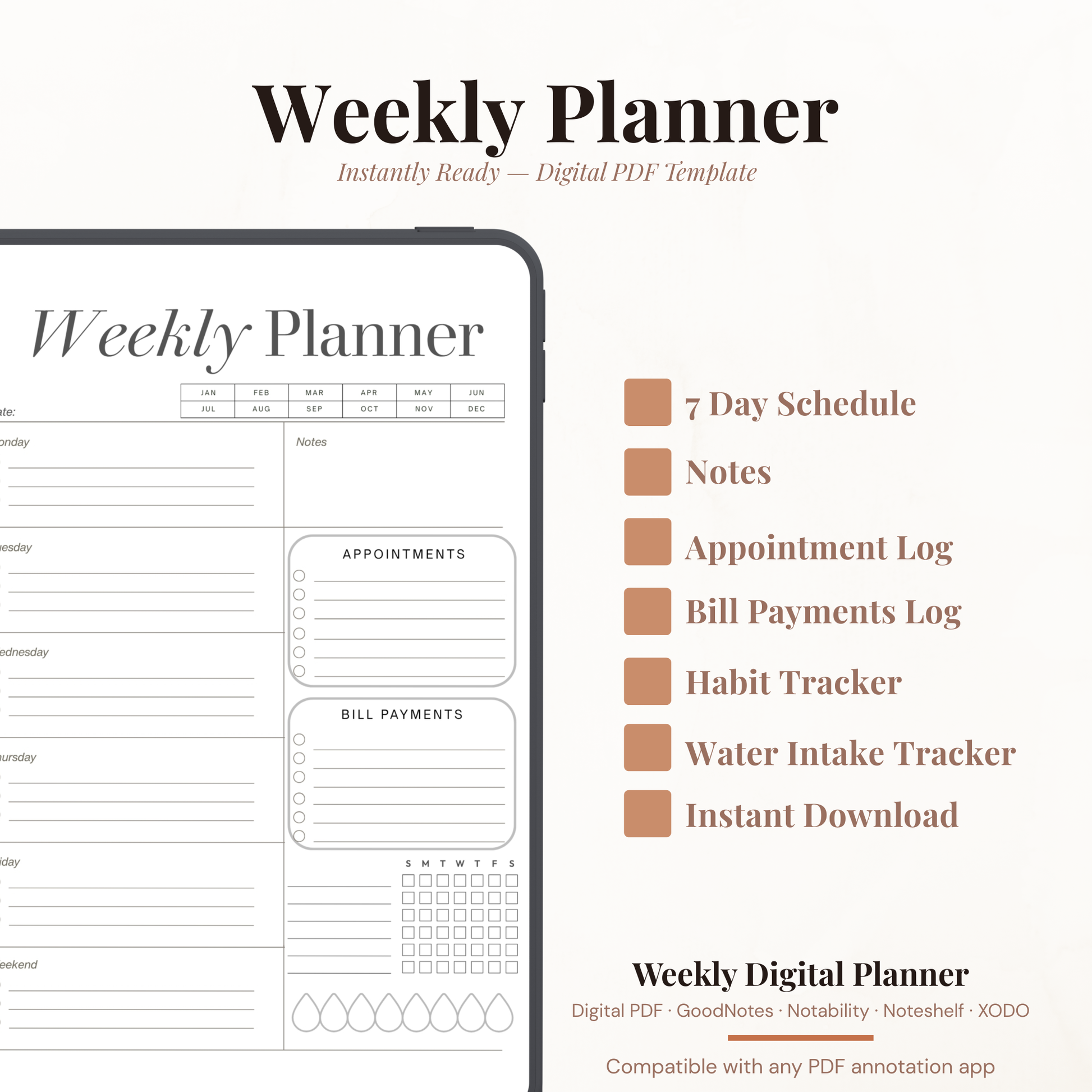 Digital Weekly Planner PDF for iPad - Weekly Schedule Appointments Bill Payments Habit Tracker GoodNotes Instant Download