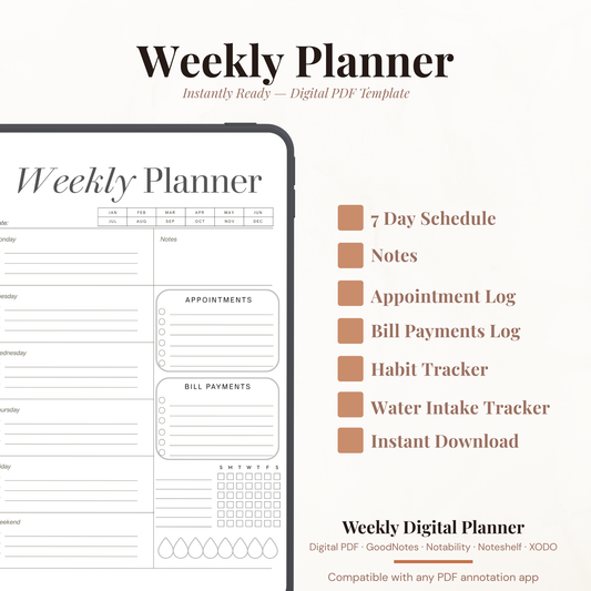 Digital Weekly Planner PDF for iPad - Weekly Schedule Appointments Bill Payments Habit Tracker GoodNotes Instant Download