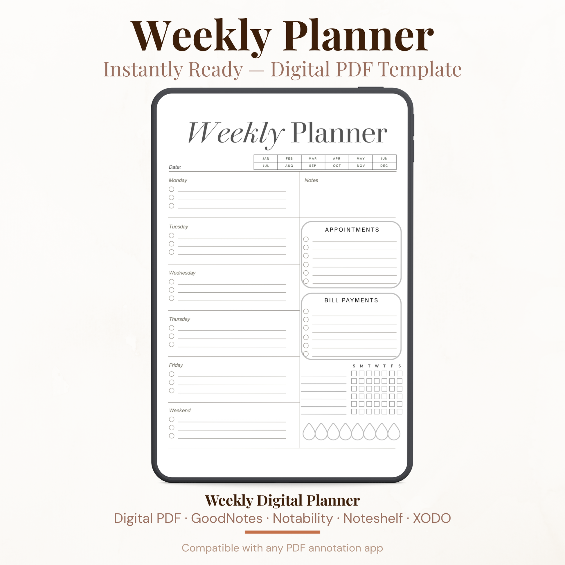 Digital Weekly Planner PDF for iPad - Weekly Schedule Appointments Bill Payments Habit Tracker GoodNotes Instant Download