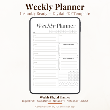 Digital Weekly Planner PDF for iPad - Weekly Schedule Appointments Bill Payments Habit Tracker GoodNotes Instant Download