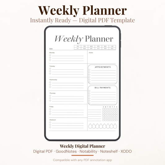 Digital Weekly Planner PDF for iPad - Weekly Schedule Appointments Bill Payments Habit Tracker GoodNotes Instant Download